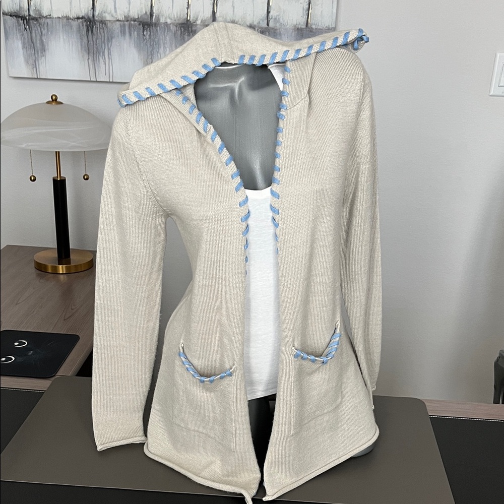 Soft Surroundings Cream Cardigan with Light Blue Accents